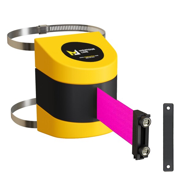Montour Line Retractable Belt Barrier Yellow Clamped Mount, 25ft. Fl.Pnk Belt (M) WMX160-YW-FPK-C-M-250 - main